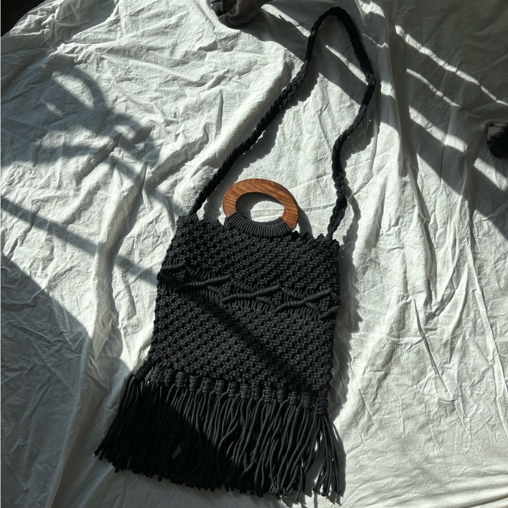 Danielle Nicole Black Macrame Bag With Wooden Han… - image 3